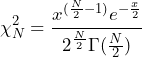 \begin{방정식*} \chi^2_{N} = \frac {x^{(\frac{N}{2} - 1)}e^{-\frac {x}{2}}} {2^\frac{N}{2} \Gamma (\frac{N}{2})} \end{방정식*}