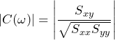 \begin{방정식*} |C(\omega)|=\left|\frac{S_{xy}}{\sqrt{S_{xx}S_{yy}}}\right| \end{등식*}
