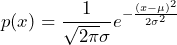 \begin{방정식*} p(x)=\frac{1}{\sqrt{2\pi}\sigma}e^{-\frac{(x-\mu)^2}{2\sigma^2}} \end{방정식*}