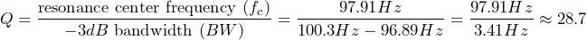 \begin{방정식*} Q=\frac{\text{공명 중심 주파수 }(f_c)}{-3dB\text{ 대역폭 }(BW)}=\frac{97.91Hz}{100.3Hz-96.89Hz}=\frac{97.91Hz}{3.41Hz}\about 28.7 \end{방정식*}