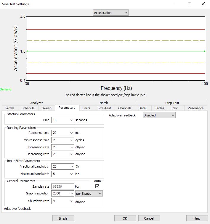 VibrationVIEW 소프트웨어의 사인 시험 제어 매개변수 탭