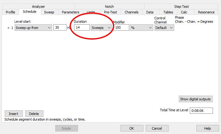 VibrationVIEW 소프트웨어의 사인 스위프 일정 대화 상자